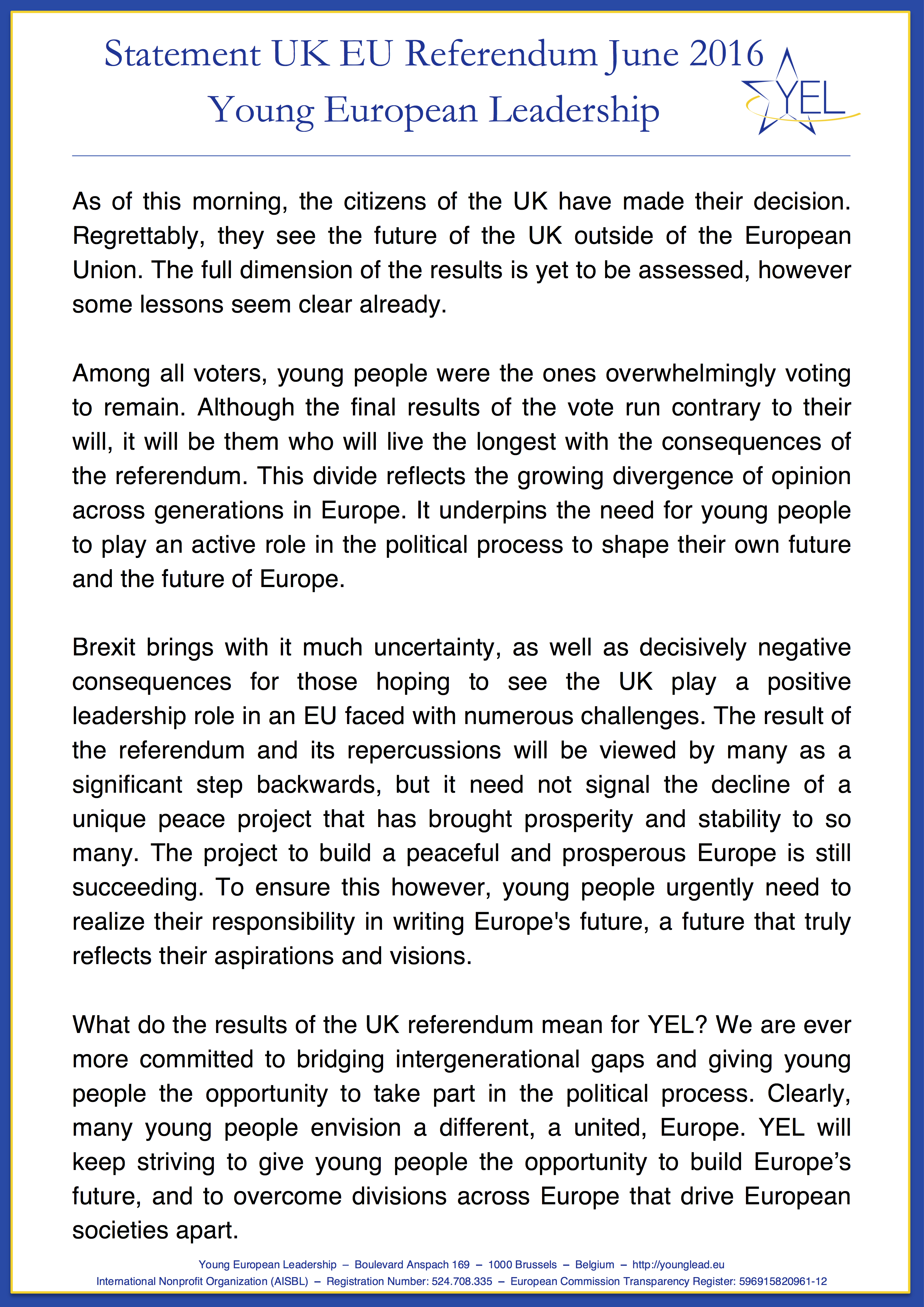 YEL Statement UK EU Referendum June 2016